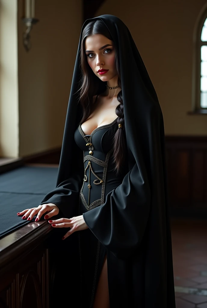 a very young, dark and very beautiful french medieval noble woman, she is only 18 years old,(she has very big breasts:1.3), (she is wearing a very tight and long black silk dress:1.3),looking very aristocratic, (she has beautiful slanted dark brow eyes:1.3...