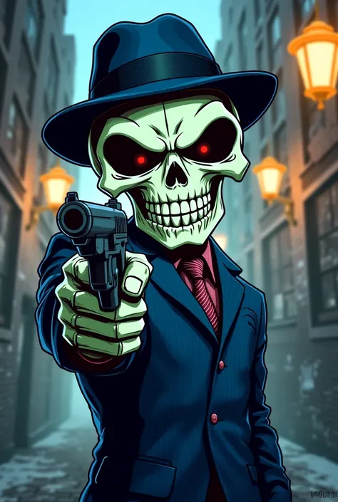 Cartoon of a sinister skull ,  gangster in blue clothes shooting a rock