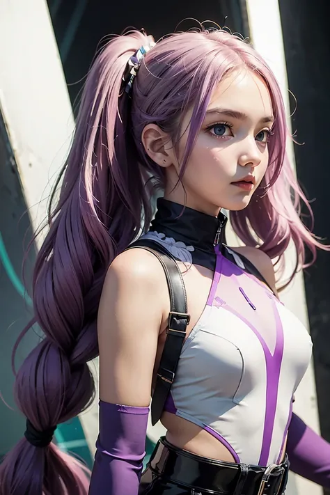 ,Best Quality, Ultra High Resolution, Cute, (KPOP Idol), (Long Twintail), (Light Purple Hair:1), ((Big Eyes)), Looking at you, BREAK ((upper body:1.3)), Front View,A character with long, flowing silver hair and a slender build, wearing a black and white ou...