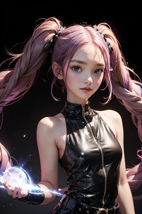 ,Best Quality, Ultra High Resolution, Cute, (KPOP Idol), (Long Twintail), (Light Purple Hair:1), ((Big Eyes)), Looking at you, BREAK ((upper body:1.3)), Front View,A character with long, flowing silver hair and a slender build, wearing a black and white ou...