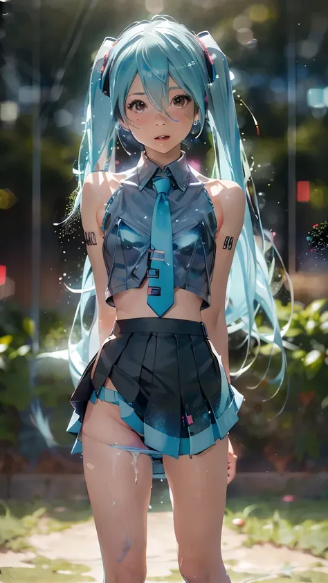 ((  Perfect Anatomy)), beautiful legs. (シースルー  Hatsune Miku  のコスチューム:1.4)、( pull up the super miniskirt : 1.5), ((big: 1.4)),   Beautiful breasts 、Big Breasts:1.4，screen, Teary-eyed , Awkward, (  Cum in Pussy  : 1.5),   Blushing Woman  , ((  Hatsune Miku ,...