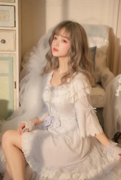 Create an image of a young woman with long, wavy hair sitting on a bed, wearing a delicate, off-the-shoulder nightgown that features a bow at the front. She has soft, natural makeup and a serene expression, with warm sunlight filtering through a nearby win...