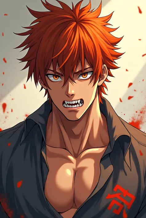 Quite muscular, messy ginger hair, 21 year old, Japanese, attractive, sharp canine teeth, anime, mappa art style