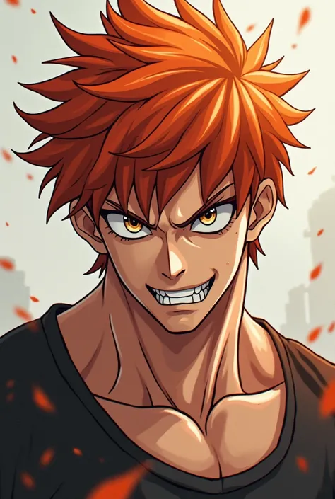 Quite muscular, messy ginger hair, 21 year old, Japanese, attractive, sharp canine teeth, anime, mappa art style