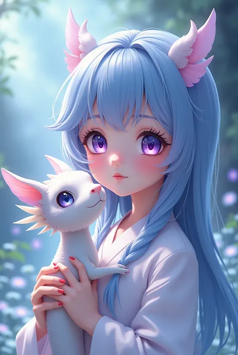 Anime girl, baby chinese white dragon, light blue hair, purple eyes, beautiful, mesmerizing 