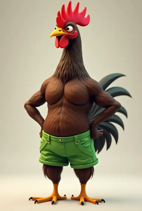 Generate an image of a lean dark brown chicken standing dressed in blooming green shorts above the waist and shirtless wearing shorts only