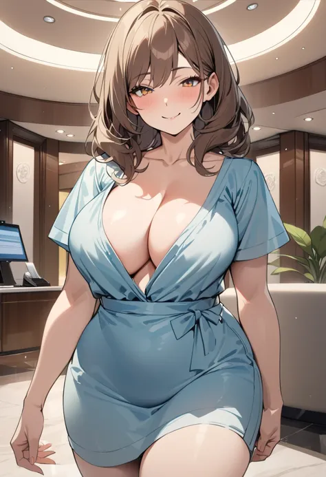 top quality, masterpiece,  high res, 8k,  anatomically correct human body, 1 girl, Alone, mature woman, 輝く瞳, ( with expressive dark brown hangings), ((( bright brown hair ))), Busty Wife, standing, (((cowboy shot))), Receptionists light blue uniform , (((c...