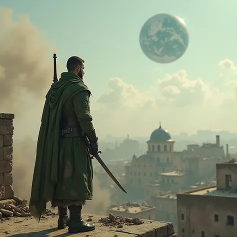 In a futuristic time, an Ottoman soldier looks out over the world from the roof of a building. He has a sword in his hand. He is wearing an Ottoman military uniform. His uniform is visibly torn. A uniform in which green tones predominate. There are ruined ...