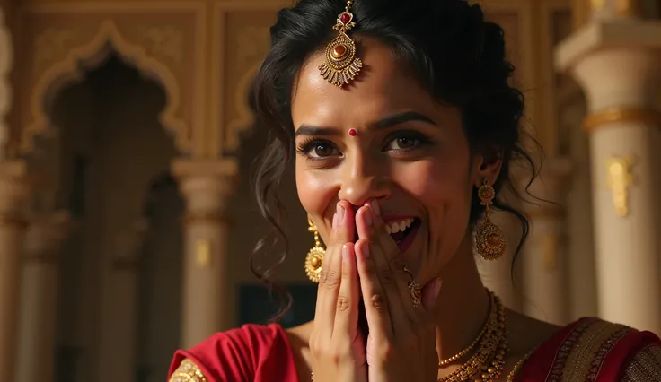 woman laughing and during laugh covering her mouth with her hands like she is hiding her laugh inside mahal, then looking with anger and saying with slow motion. cinematic scene from Mahabharat.