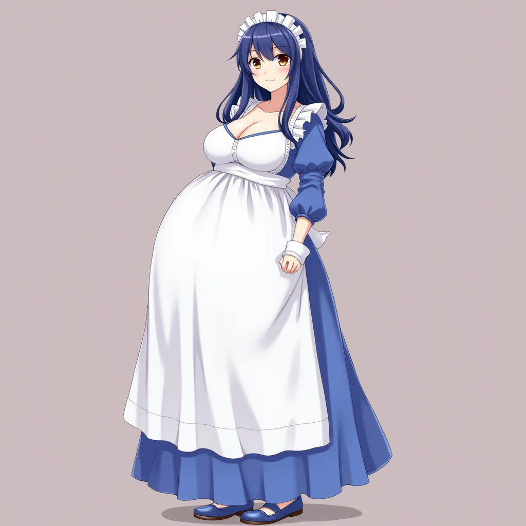 anime girl, brown eyes, big large breasts, anime style, high resolution, blue hair, blue and white long dress, dress anime, blue tights, blue womens moccasins, blue maid, standing tall,exposed bare breasts, big hyper large breasts,smile,big hips,big pregna...