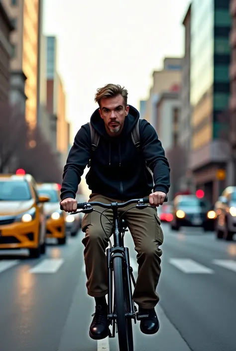 A man in his thirties with a scruffy beard rides a bike through a busy urban street, wearing a black hoodie and cargo pants. He’s pedaling swiftly to avoid traffic, with his backpack bouncing against his back. The scene is from a low angle, showing his det...