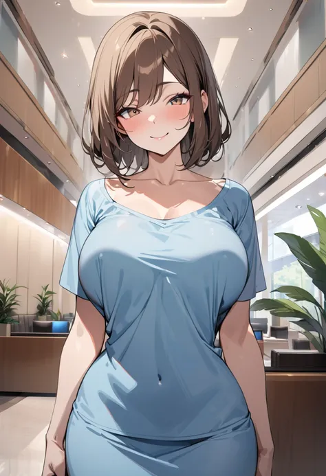 top quality, masterpiece,  high res, 8k,  anatomically correct human body, 1 girl, Alone, mature woman, 輝く瞳, ( with expressive dark brown hangings), ((( bright brown hair ))), Busty Wife, standing, (((cowboy shot))), Receptionists light blue uniform , (((c...