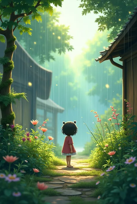 make a simple garden in the rain with a Ghibli theme