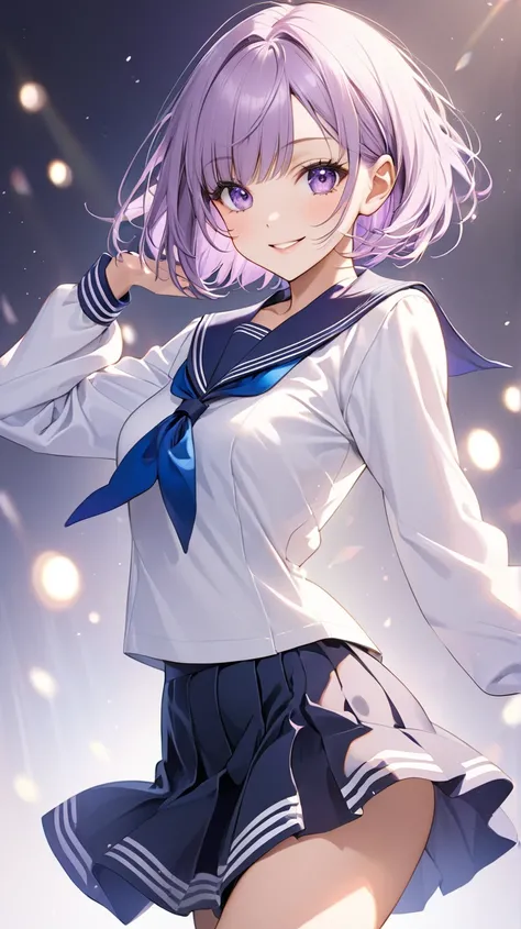    bob hair、Light purple hair color、  beautiful, perfect face,  stares at the camera ,  beautiful eyes,Attractive purple eyes,smile、 elegant  ,  standing, Dancing、  sailor suit  ,  bob hair,Front,  background is black、date、   sailor suit  、student