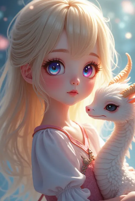 Anime girl, baby chinese white dragon, gold hair, purple blue ombre rainbow eyes, beautiful, mesmerizing 