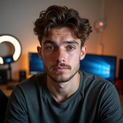 A 20-year-old young man with a slight beard and a serious expression on his face. The background features a simple room with professional YouTuber elements, including a ring light, microphone, and a computer setup with two monitors”
