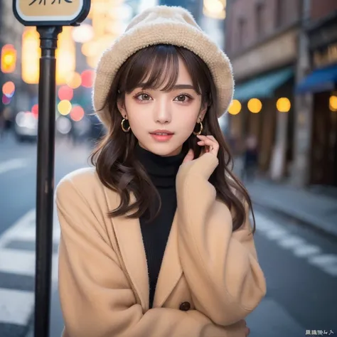 (winter, street, illumination),( Long Sleeve , turtleneck top,Camel coat, muffler , boots,flare dress ,hat, choker , earrings for women with first name),(( top quality ,  super high res,  RAW photos ,  Masterpiece  ,  anatomically correct, textured skin,  ...