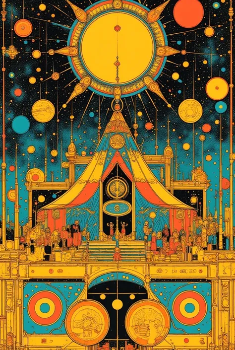  circus tent , what is the name of the circus troupe 「Life world」, there is a poster of circus troupes illusory art, Circus in the Imaginary World ,Whimsical Circus ,close-up,  close-up view ,  1968 sci-fi tarot card   , Close view , close-up shot , Geomet...