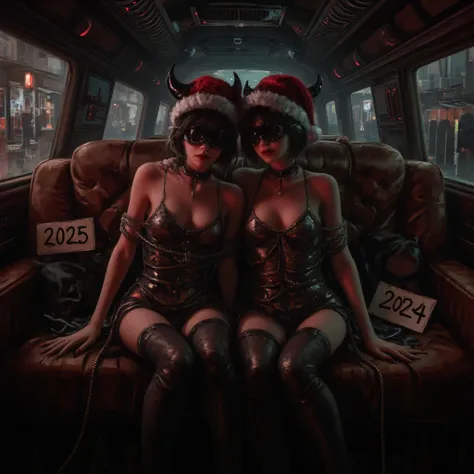 A cinematic ultra realitic photo of Two cute goth in dark gothic sitting in a brown red sofa, ((Skinny anorexic bodys)), blindfolded with gags in mouth , rope bound ,bondage , bdsm  , . Hairstyles: short dark hair . Santa hats has devil black horns on ther...