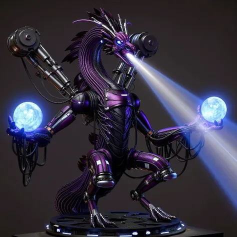  The dragon from the electronic world ，The body appears purple-black ， The mouth sprays black and white light waves ， is connected to various cables ， There is a propeller that looks like a robot on the back ， holds two cylindrical cans on the back ， The b...