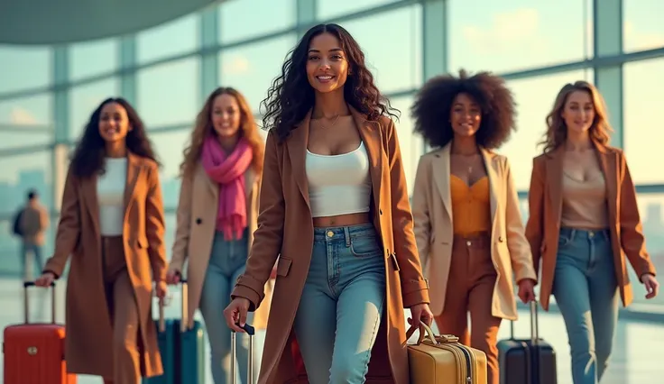 group of girls travel outfit, with traveling luggage. Big breast and from different ethenicity standing in front a an airport. They are all holding their loungage looking like they are traveling.