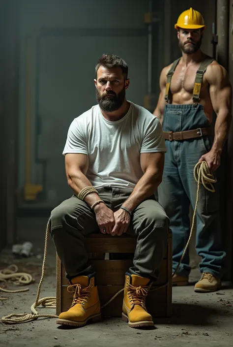 A nordic man with a trimmed beard and short hair dressing white t-shirt, cargo pants and yellow Timberland boots, bootlegs tied up together with a thin rope, sitting on a wooden box hands behind his back and wide tape on his mouth in a abandoned factory. A...