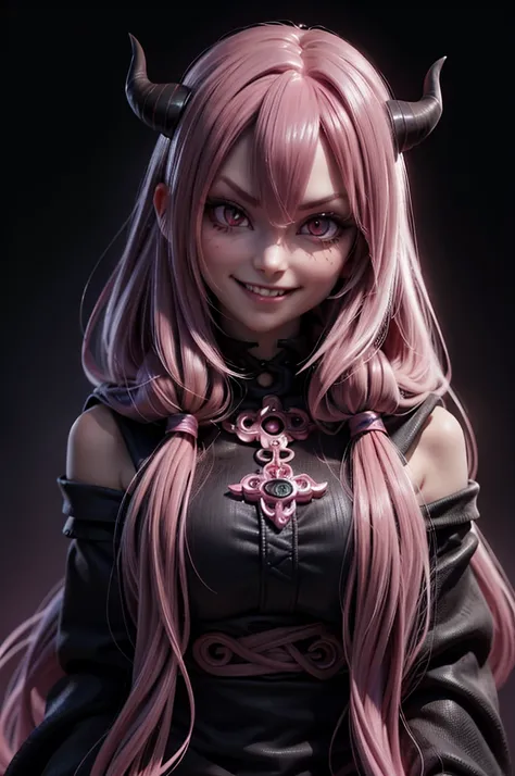 1girl, pink hair, long hair,  hd quality, 4k, 8k,,eyes, face, , evil, dark, face closeup, face, evil smirk, fangs, black background, face close up. dominant, dark, sideways, sideview, hooded, villain, hair clip, smile, oni horns