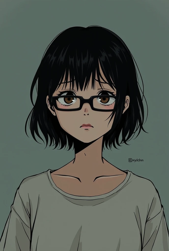 A girl who has short hair and wears glasses. She has a lot family Problems and having depression over her past mistakes and future career.. Make it look like a manga