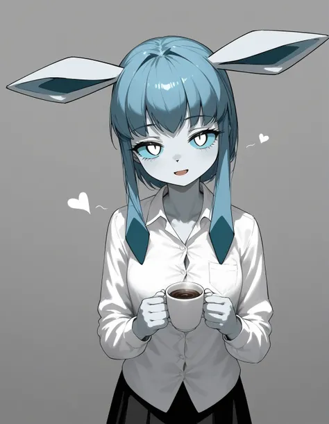 Alone,  score_9, score_8_above, score_7_above,   source  _ hairy, an Anthro  hairy Glaceon female, blue sclera, white eyes, wearing white button above shirt,  short black skirt , medias hasta el muslo, looking dull , bored eyes,  soft smile,  shy smile,  s...