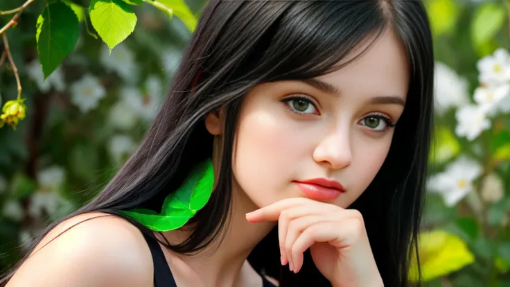  Russian girl, small and delicate body, long black hair and green eyes、Natural skin texture, Hyper-realism, dreamy girl