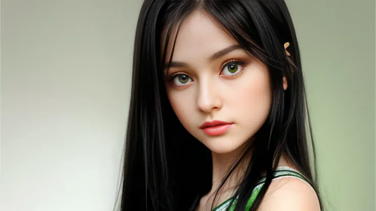  Russian girl, small and delicate body, long black hair and green eyes、Natural skin texture, Hyper-realism, dreamy girl