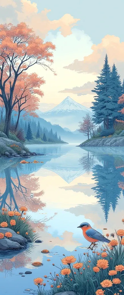 (masterpiece:1.2,Outstanding quality,Mirror finish, Best Illustration ),8k,16k,wallpaper,(Quiet Lake),(morning haze),(Quiet Lake畔の森の影),(A cuckoo is croaking ),(Watercolor),( Dynamic ),( beautiful gradation),(Tranquility VFX )