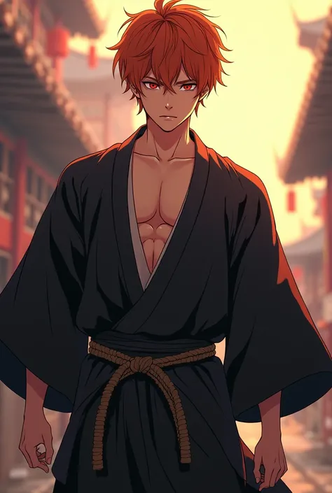 Moderately muscular, short short messy ginger hair, 21 year old, Japanese, attractive, anime, mappa art style, warrior, pretty guy, tall, open black haori, lean