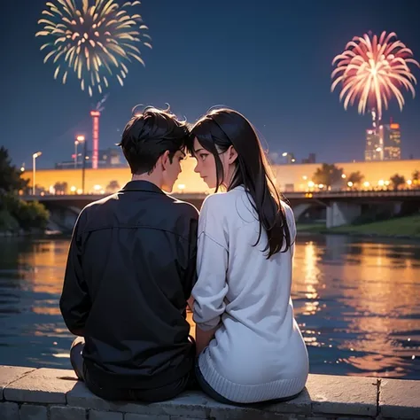 A Man and a woman, a couple sitting by the river and looking at fireworks at new year night. Wearing sweaters and hoddy. From behind view.

Other side of river is city lights.