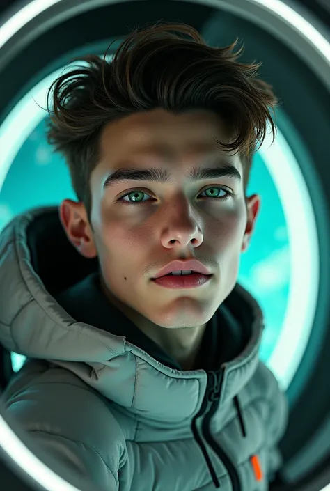  Teenage male , no beard,  bright green eyes ,  dark brown hair , face and features perfect soft lips sculpted,  jaw and well-defined cheekbones divine beauty, Divine Aura .  inside a spaceship 
