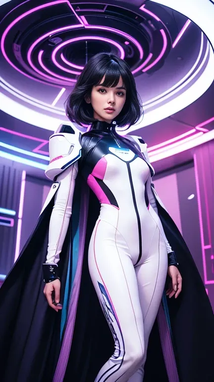 closeup shot ,An elegant woman in a sleek white jumpsuit, posing confidently in a neon-lit tunnel with a retro-futuristic aesthetic. The tunnel is adorned with glowing geometric patterns, vibrant neon lights in shades of pink, blue, and purple, and metalli...