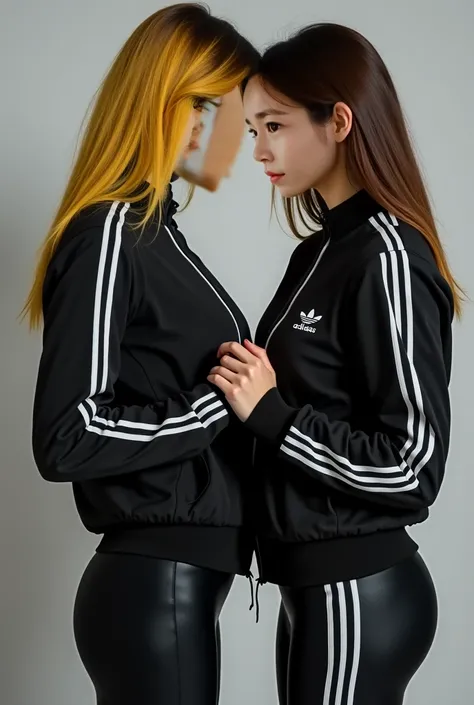 2 Malay women, adidas black jacket with 
white three stripes,adidas black legging pants with white three stripes,she hair It is yellow and slightly brown,big breasts,Sweaty face,passed out,and holding each others breasts, drooling, holding each others geni...