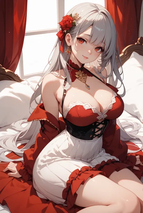 A anime girl gray long hair a red eyes and red dress a face very cute . She is big butt and big breasts she is very cute and very beautiful . Is sitting in a bed lie down , shoulders a white dress she is s ago