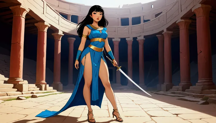 warrior girl, curvy asian girl, big , porcelain skin, black-haired asian girl, long hair with bangs covering her forehead, asian girl wearing a long dress, egyptian style dress, blue dress with one only slit on the left side, slit showing one leg, only one...