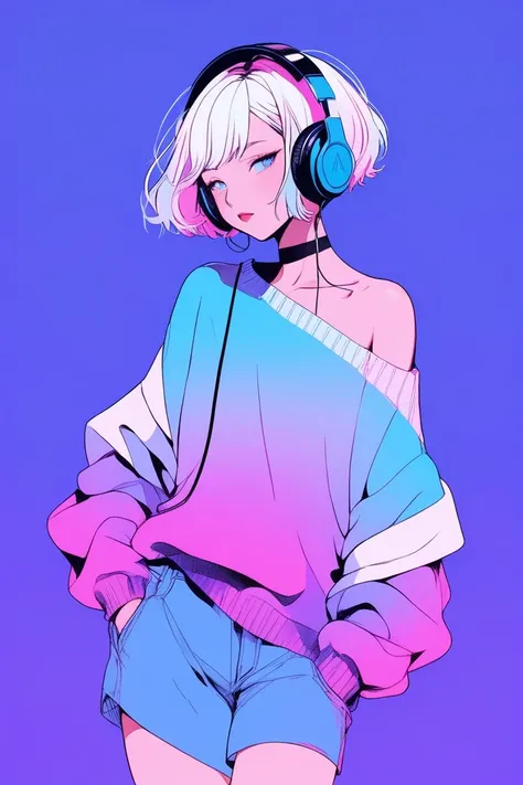 Illustrator, anime , Realistic ,sketch , 1 person, ,lip, Off-the-shoulder sweater, (((whole body))), order, Blue gradient background, Neon Short Hair,Wearing headphones, Texture Trim, Canadian, (masterpiece,Highest quality) cancer,dance hall