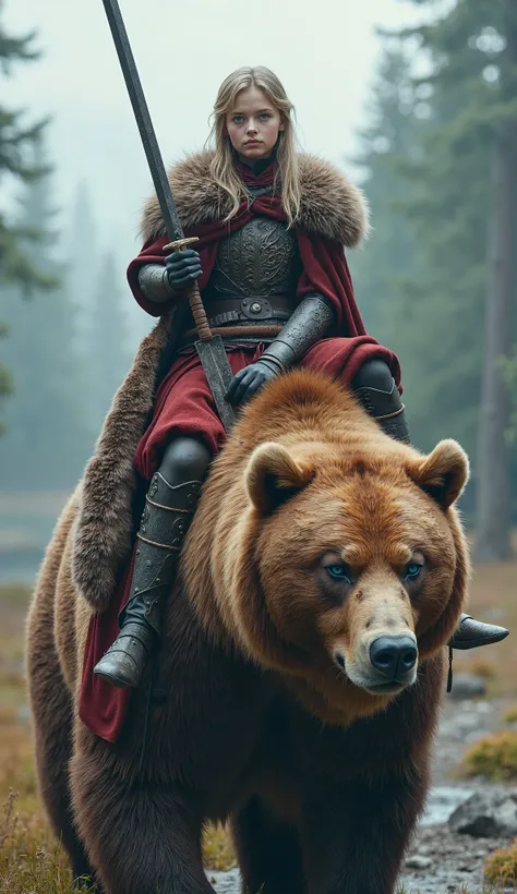 A Beautiful Young Teenage Norway Girl Warrior, Wearing Unreal Armoured Warrior Outfit, Unreal Beauty, Holding A Highly Detailed Sword In Hand, In Fighting Mode, Blue Eyes, Short Norway Hairs, Norway Face Skin, Sitting On A Giant Bear , Eye Catching Unreal ...