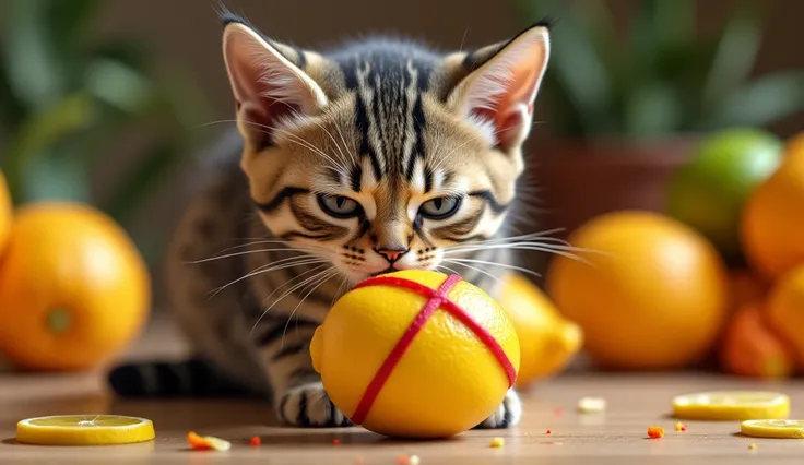 "A cat sniffing a lemon, with a disgusted or confused expression. The lemon should be clearly visible, and a red cross should appear over the fruit to indicate it’s harmful to cats. The setting should show a kitchen with multiple citrus fruits like oranges...