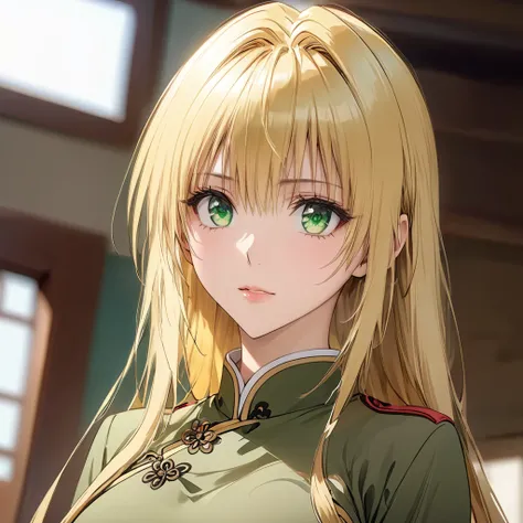 (( top quality )), ((masterpiece)), ( Details), （perfect face）、The blonde and green-eyed Tiayu Lunatique is wearing khaki Chinese clothing