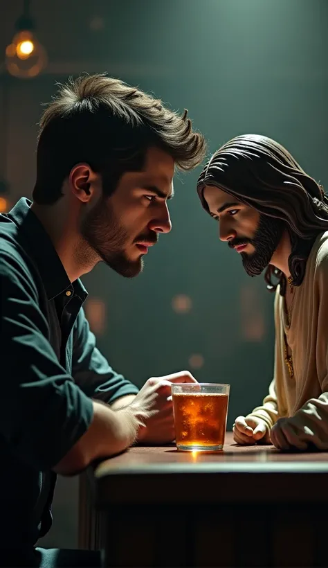  realistic next to a sad and downcast young man in a bar, The young man holds a drink and Jesus complains and looks at Jesus with sadness 