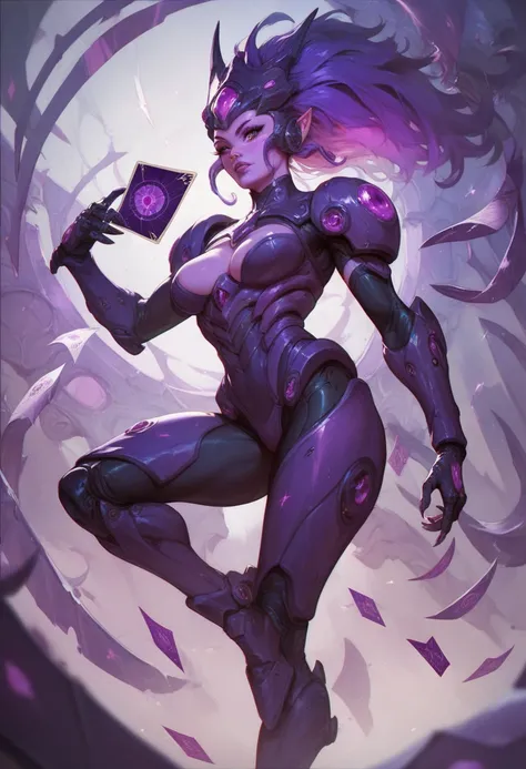 a purple alien,with card symbols on her face, dark purple hair, her body has an exoskeleton, fighter physique, in her right hand she carries a fragmented purple sphere, high definition 8k