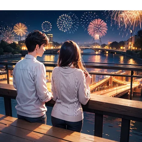 A Man and a woman, a couple are stanging by the river and looking at fireworks at new year night. Wearing sweaters and hoddy. From behind view.

Other side of river is city lights.