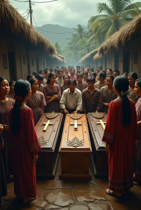 A photo realistic of a group of 1870s filipino people mourning the death of the 3 priest with three coffins