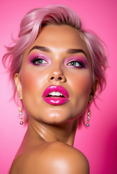 A high-resolution portrait of a beautiful young woman with short, wavy pastel pink hair styled in soft, voluminous waves. Her makeup is bold and vibrant, featuring striking hot pink eyeshadow that transitions smoothly across her eyelids, paired with dramat...