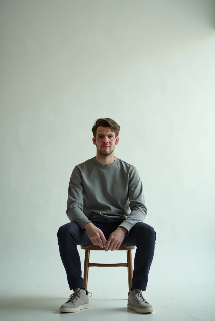 I am a young man. I see myself sitting on a chair with a white background and soft lighting. I remember my ex-girlfriend, but in a frontal position. I wear clothes and appear decent.