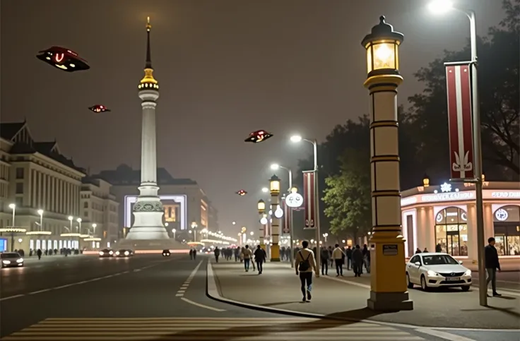  A recognizable real City  "Riga ",  Brīvības Laukums Square ", "times "lime",  Freedom Monument  "Milda"  in Riga ,  on the street " Brībiības "  during the New Year celebrations in the future,  in 100 years 